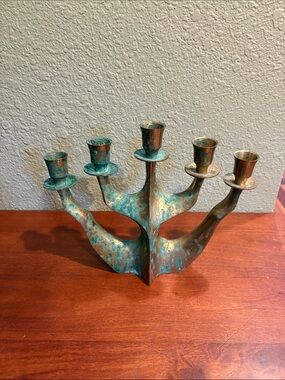 Brass Patina 5-Arm Brutalist Candle Holder - likely made in Germany